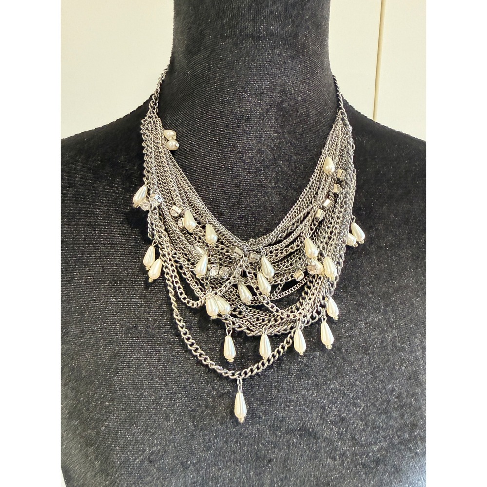Silver Tone Multi Strand Bib Statement Necklace Faux Pearl Teardrop Rhinestone